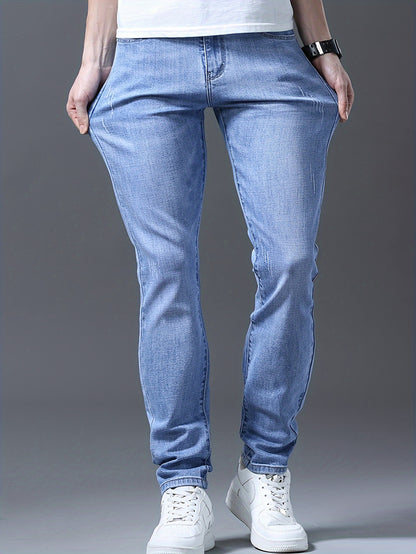 Men's Slim-Fit Stretch Denim Jeans - Light Blue, All-Season Versatility