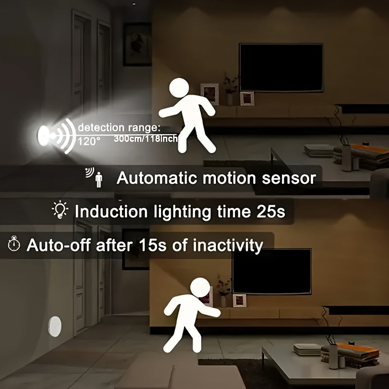 3 smart motion sensor night lights with adjustable brightness, auto on/off feature. Suitable for bedroom, stairs, under cabinet, and closet. Available in warm and cool white colors.