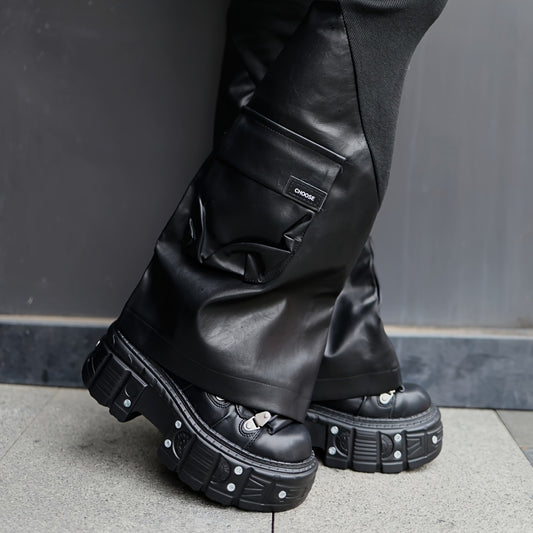 Black women's mid-top sneakers with metallic accents, waterproof, thick platform sole, lace-up Y2K goth style.