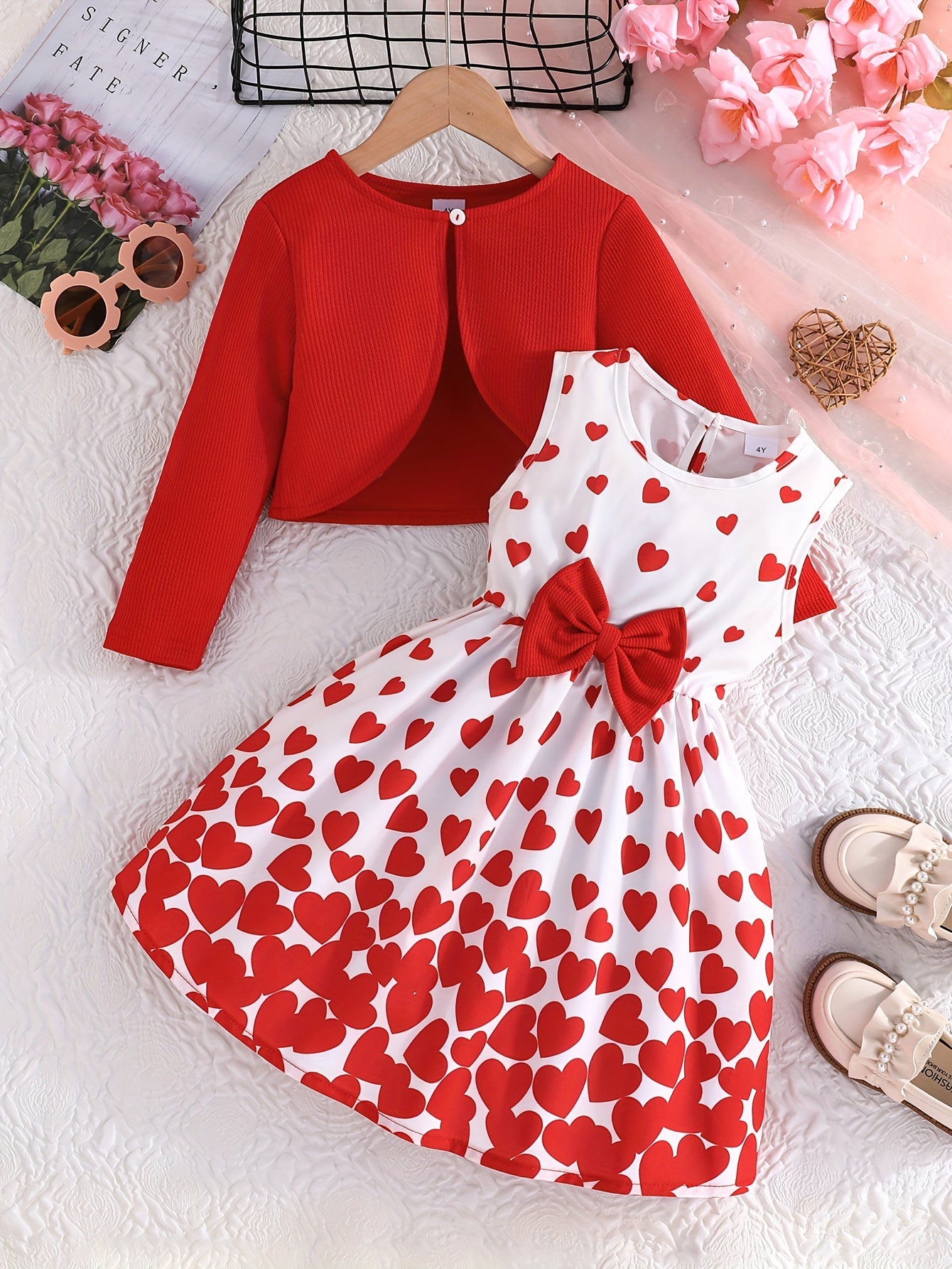 Romantic 2pcs Valentines Day Outfit for Girls - Long-sleeved Cardigan + Sleeveless Sundress Set