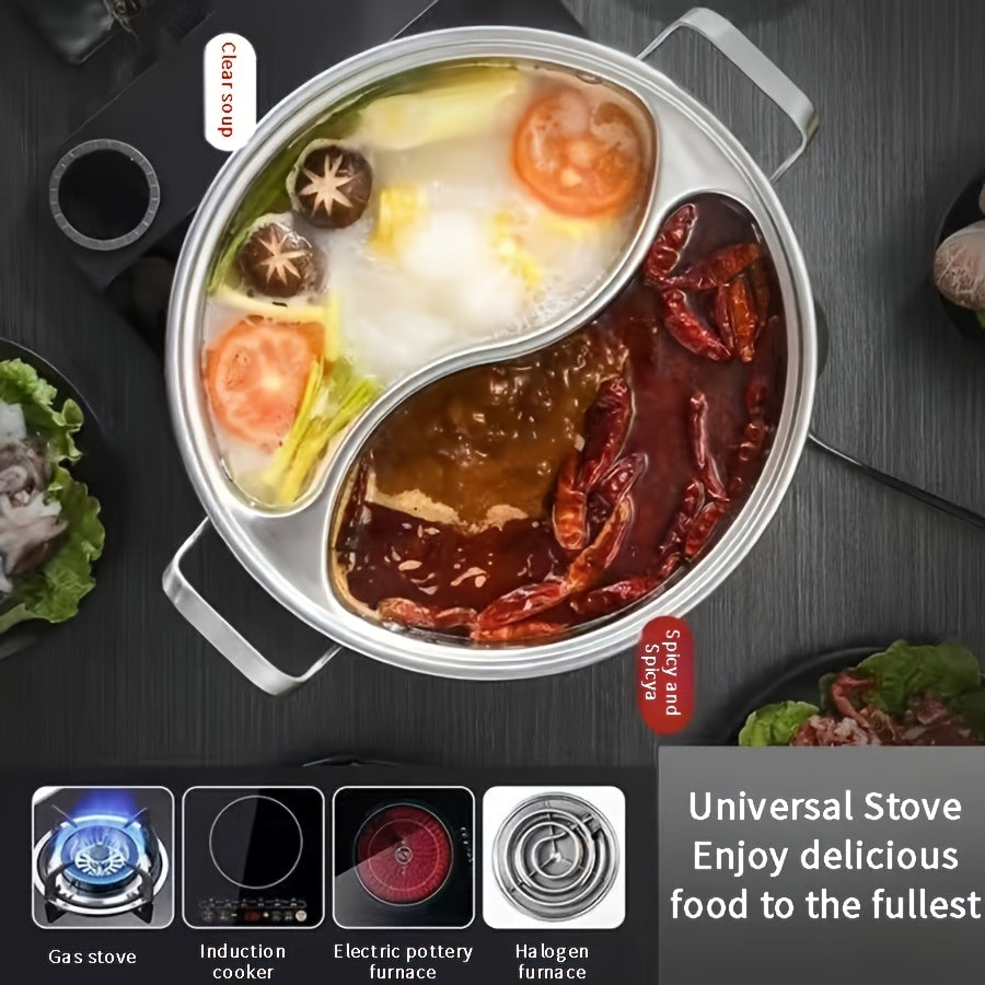 Stainless Steel Dual-Compartment Hot Pot for Induction Cooktops, Chinese Style with Divider, Two Flavors Sharing Design