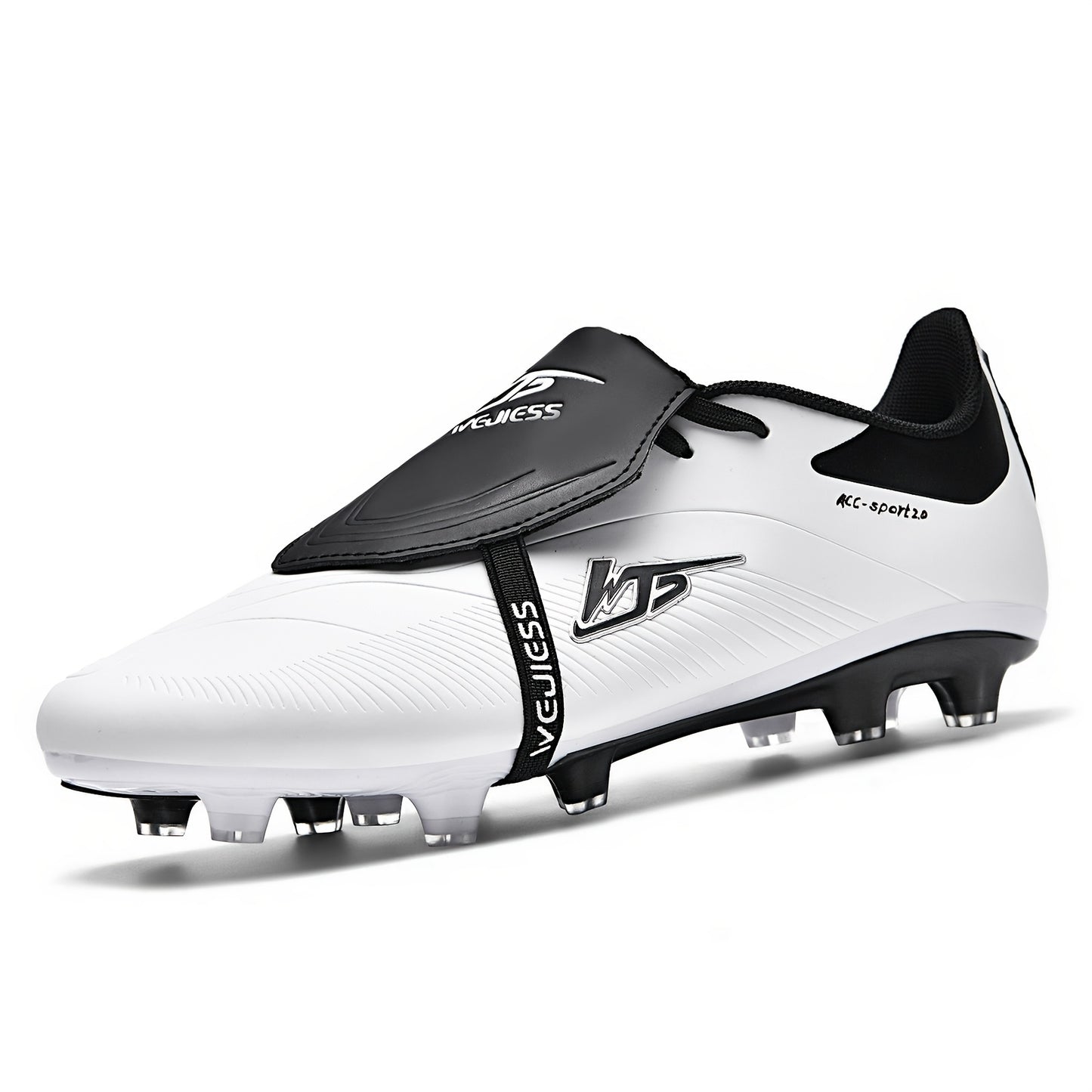 Men's High-Top Soccer Cleats with Anti-Slip Spikes, Breathable Design, Lightweight, Hook-and-loop Fastener, Black & White, Competition Soccer Cleats with Breathable Lining.