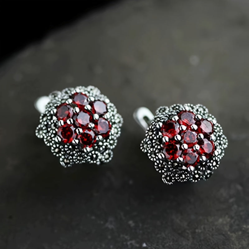 Sterling Silver Garnet Stud Earrings with Vintage Flower Design, Black Accent Stones, and Synthetic Zirconia. Hypoallergenic Ear Needle, High-Quality Jewelry Gift - 4.0g