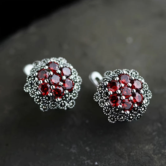 Sterling Silver Garnet Stud Earrings with Vintage Flower Design, Black Accent Stones, and Synthetic Zirconia. Hypoallergenic Ear Needle, High-Quality Jewelry Gift - 4.0g