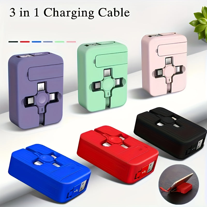 Stylish and compact 3-in-1 mobile phone holder data cable with USB connector for fast charging and data sync, perfect for smartphones.