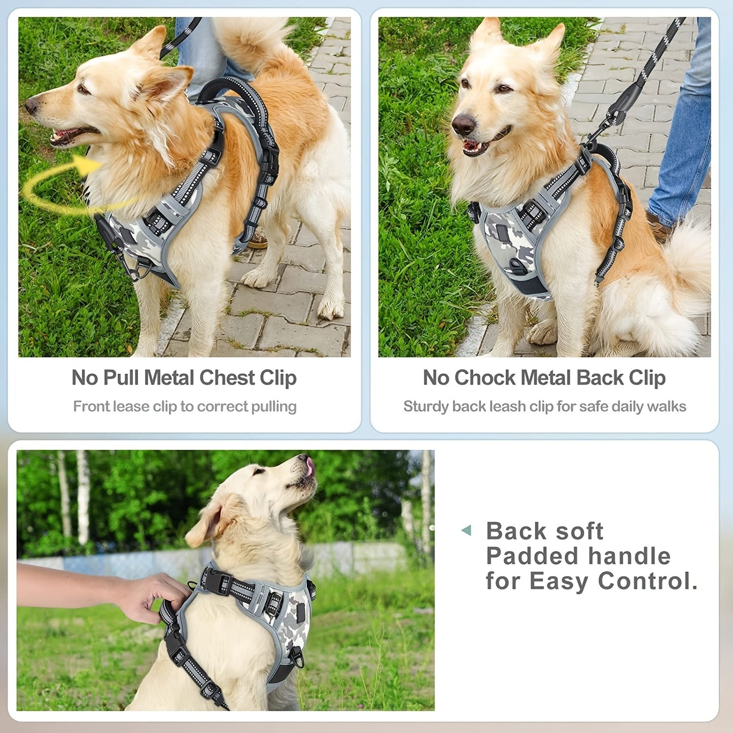 Reflective no-pull dog harness with handle for easy walking and training