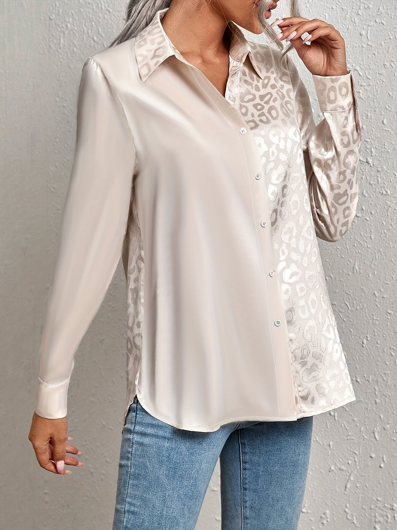 [Leopard Print Patchwork Blouse] Polyester satin button-up blouse with lapel collar, long sleeves, and dual-tone patchwork design, suitable for spring/fall.