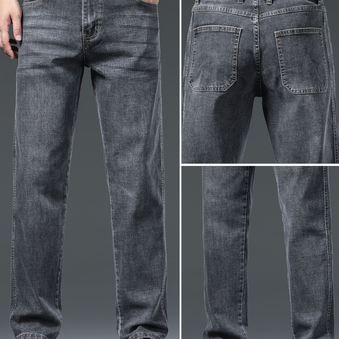 Men's solid denim pants with pockets, casual breathable cotton blend straight leg jeans for outdoor activities.