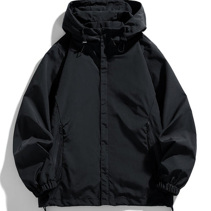 Men's navy blue hooded jacket: trendy zip-up windbreaker made of durable polyester, ideal for spring and fall weather.