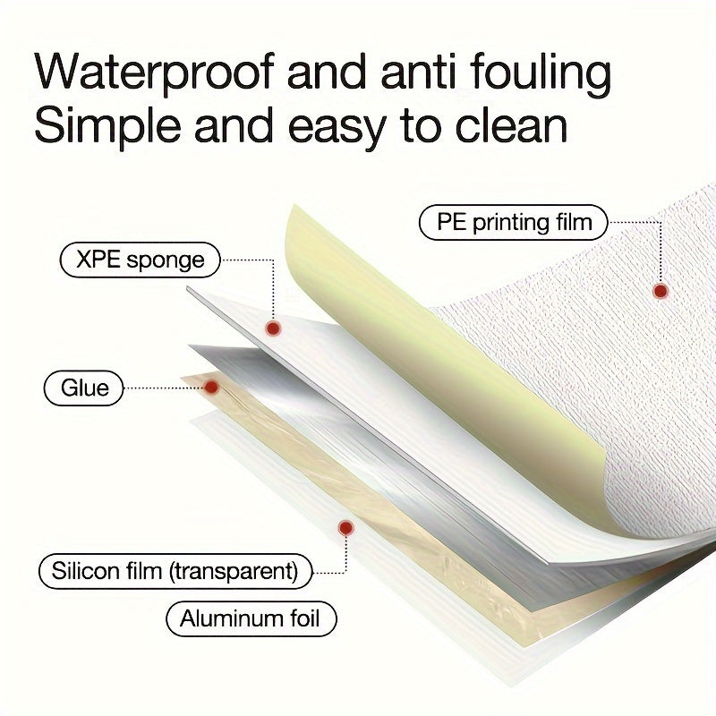 6 Rolls of Self-adhesive 3D Foam Wallpaper Stickers for easy home renovation. Waterproof, moisture-proof, and easy to clean and cut. Suitable for various spaces including living room