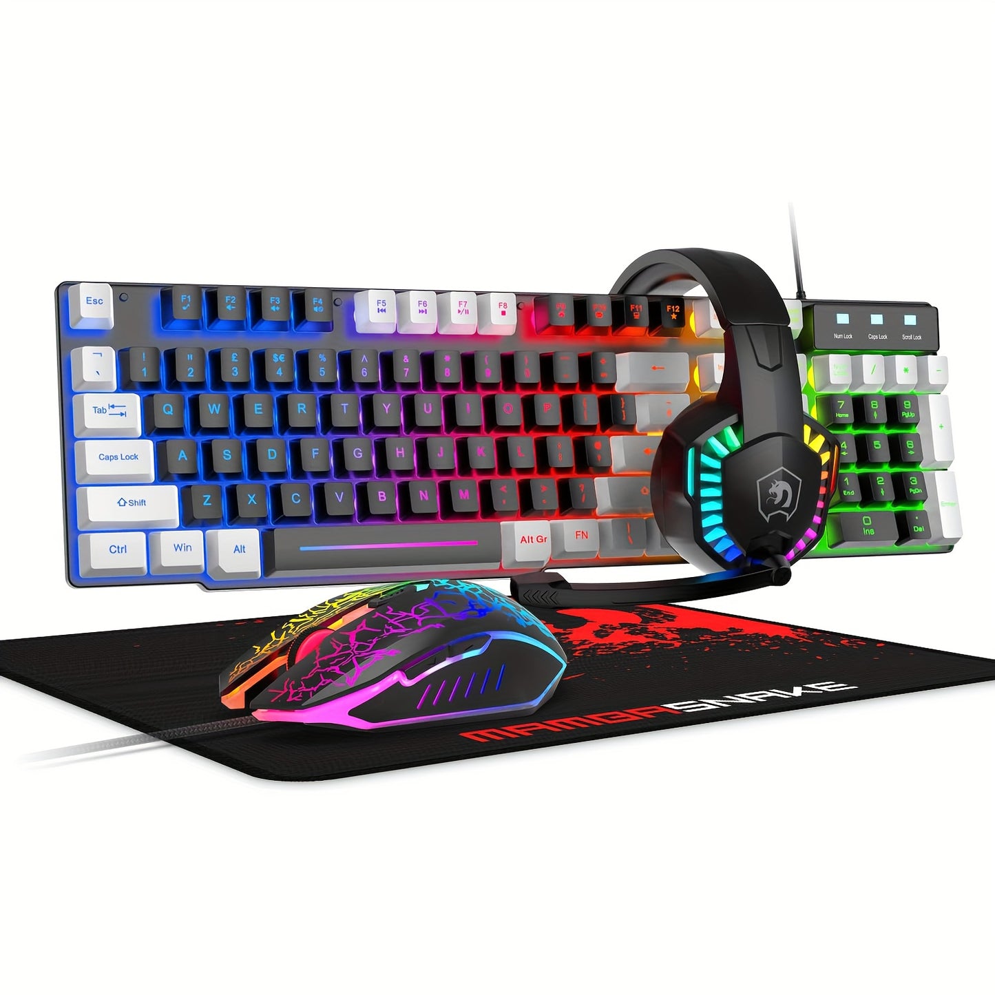 4-in-1 Gaming Bundle with Rainbow LED Backlit Keyboard, Mouse, Mousepad, and Headset - Includes 104 Keys, Multimedia Controls, 2400 DPI Mouse, Over-Ear Headphones with Mic, Non-Slip Mouse