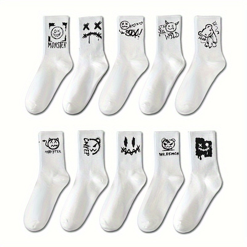 10 Pairs Unisex Skateboard Socks with Trendy Prints for Men & Women, Perfect for Basketball and Outdoor Activities - Breathable and Sweat-Absorbent. Trendy designs like Bears, Monsters, and