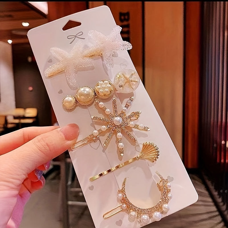 A collection of elegant pearl and golden hair clips for women's hair decoration.