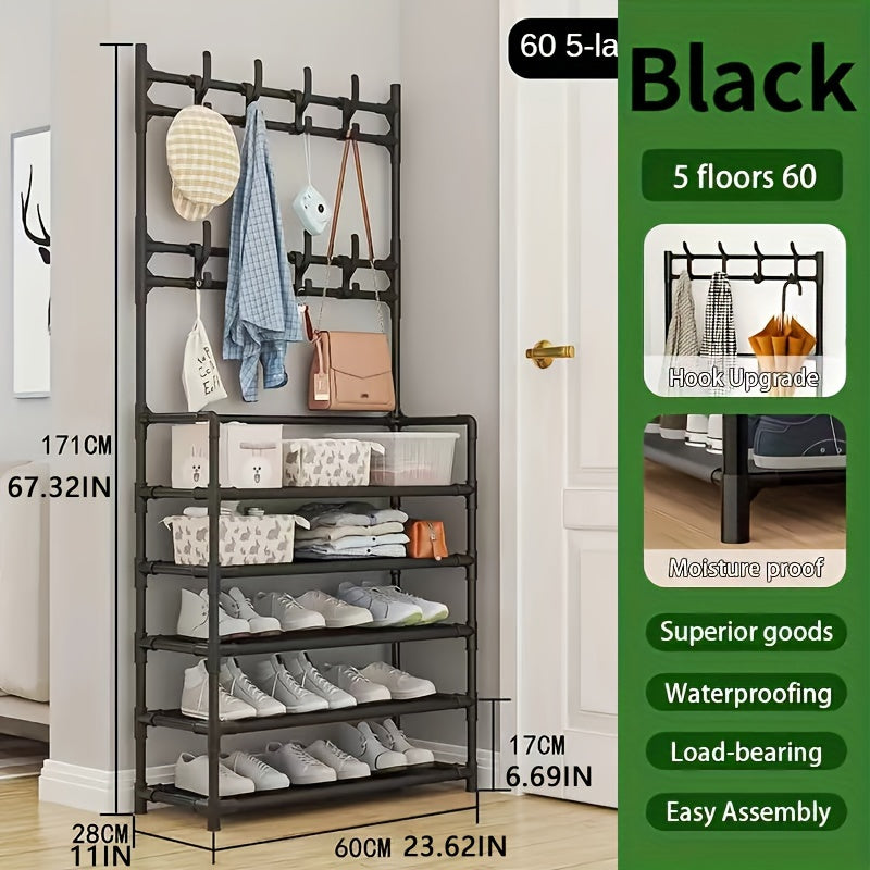 Metal entryway storage rack with shoe shelves, tier organizer, removable hooks, coat and hat stand for front door entry, for clothing, shoes, hats, bags, and umbrellas - in white and black.