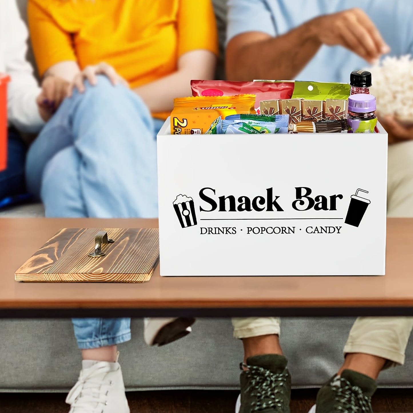 Wooden snack organizer with handles for kitchen, pantry, and countertop storage. Ideal for organizing chips, candy, and drinks.