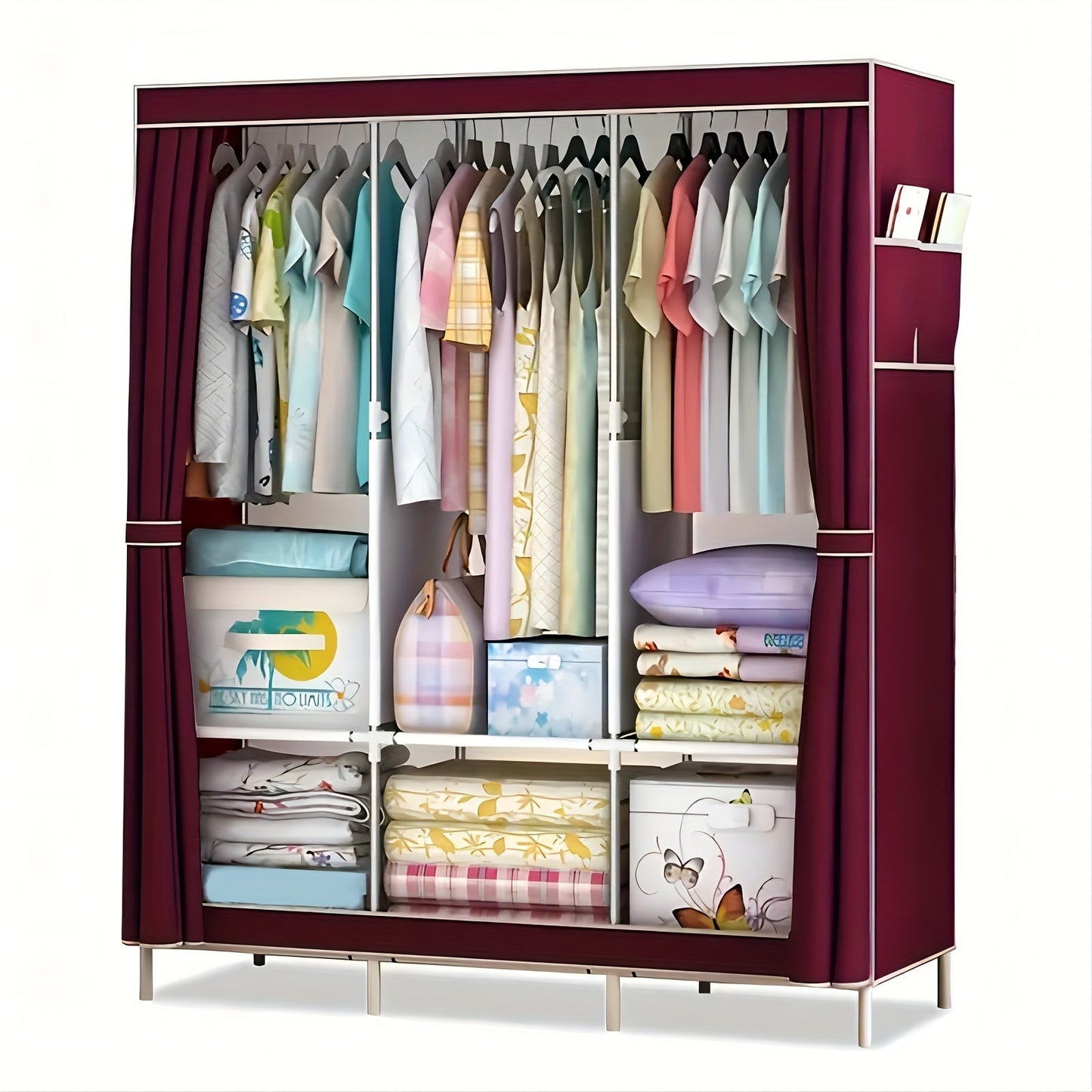 Metal Fabric Wardrobe Organizer with Clothing Storage Rack, Easy Assembly Closet System for Shirts, Clothes, and Quilts. Versatile storage solution for home, dorm, or bedroom. Requires no power, weather-resistant, and weighs under 13.61KG with a height