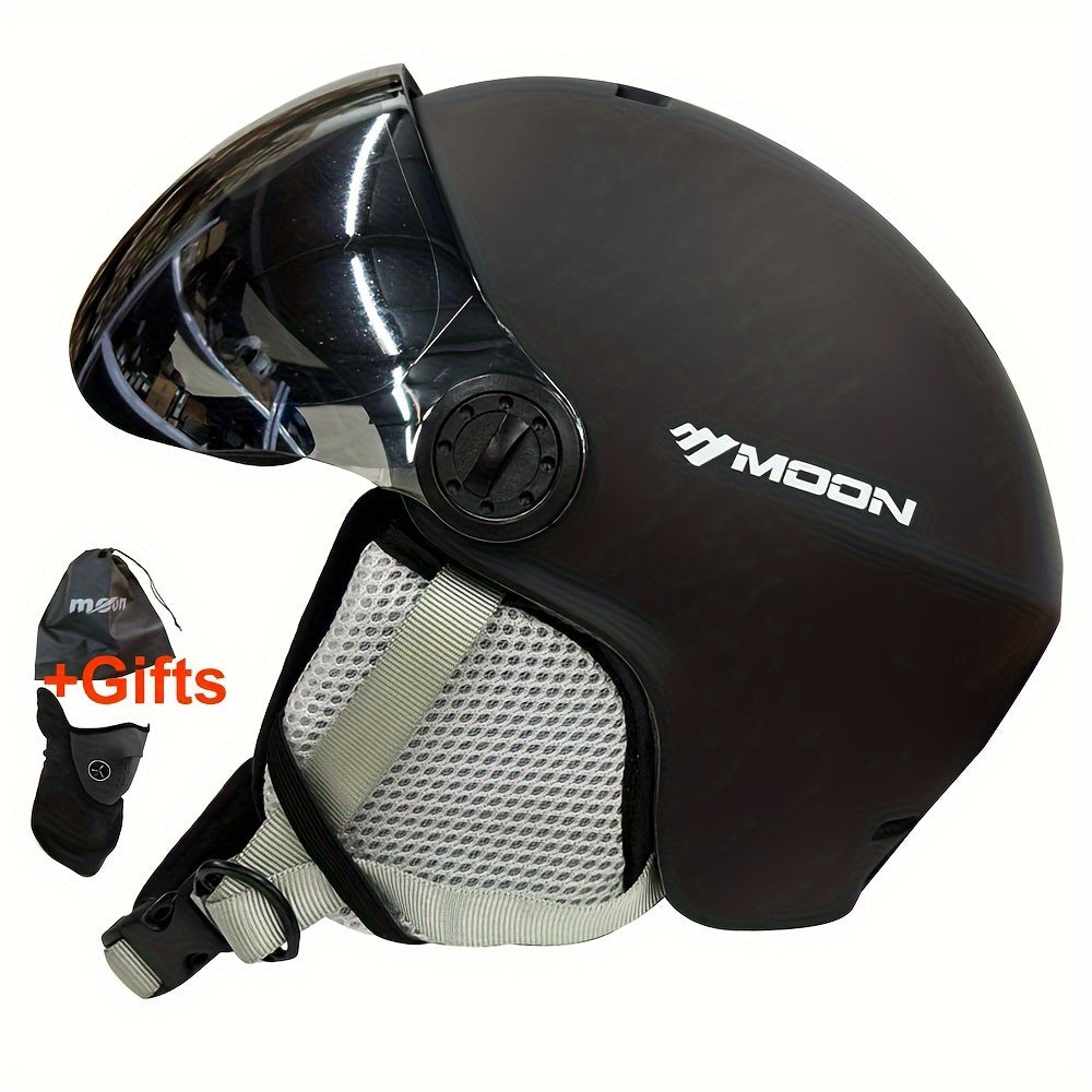 Moon Ski Helmet with Goggles offers all-around protection for outdoor sports like snowboarding and skateboarding. Features include a PC+EPS construction, universal fit, integrated visor