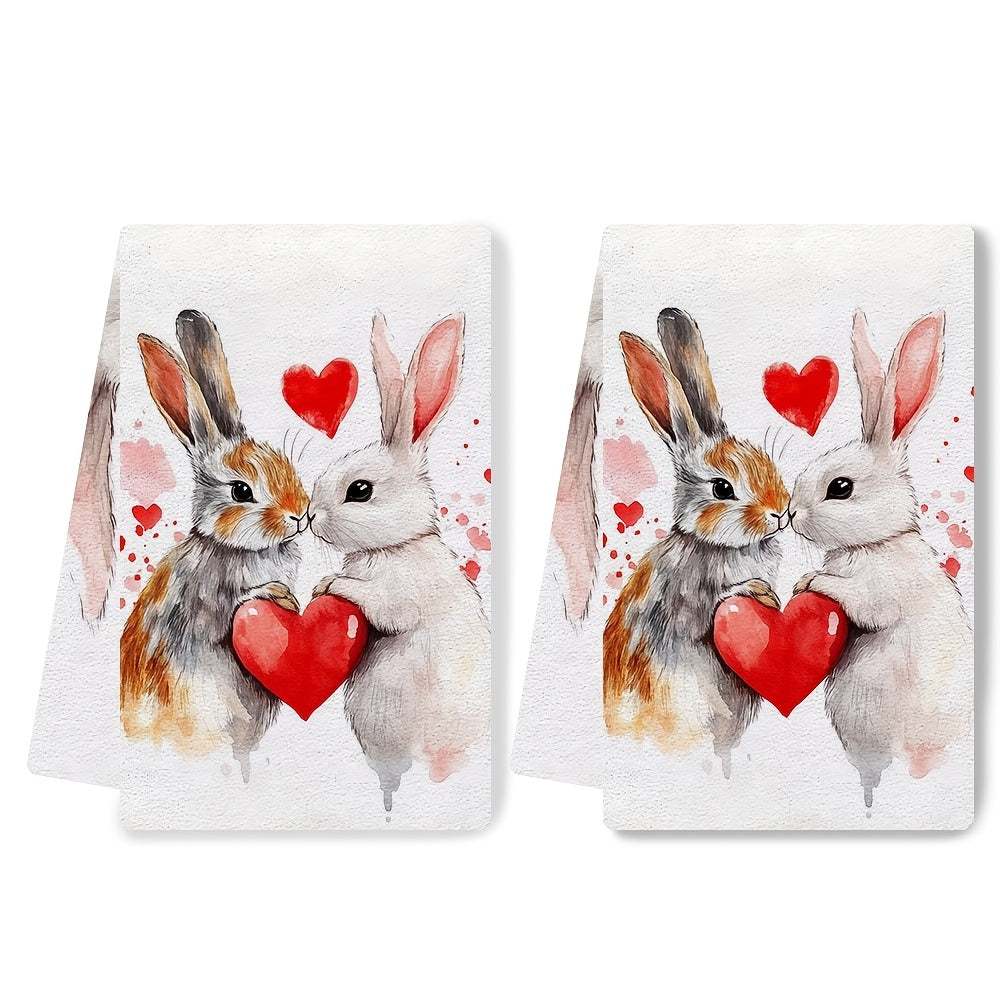 Celebrate Valentine's Day with these 2 ultra soft kitchen towels featuring an adorable bunny and heart design. Made from highly absorbent polyester, these dish hand towels are easy to clean as they are machine washable. Their contemporary style and