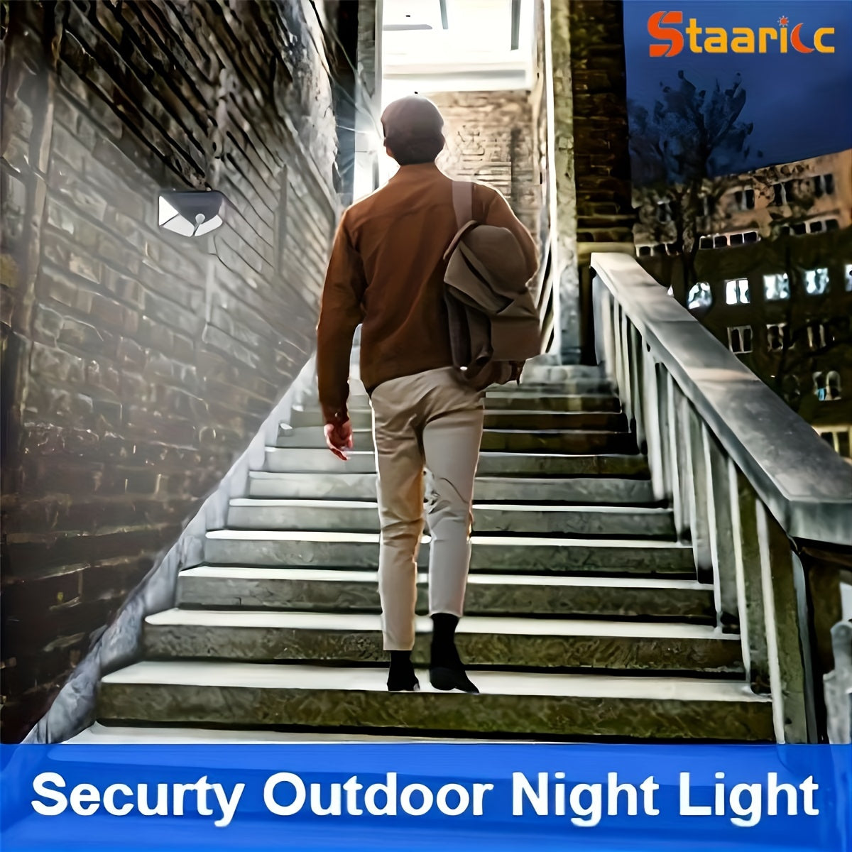 The Staaricc solar lamp is an energy-saving light with 100 LEDs and a motion sensor. It has three modes, a 270° illumination range, and is suitable for outdoor spaces like gardens, fences