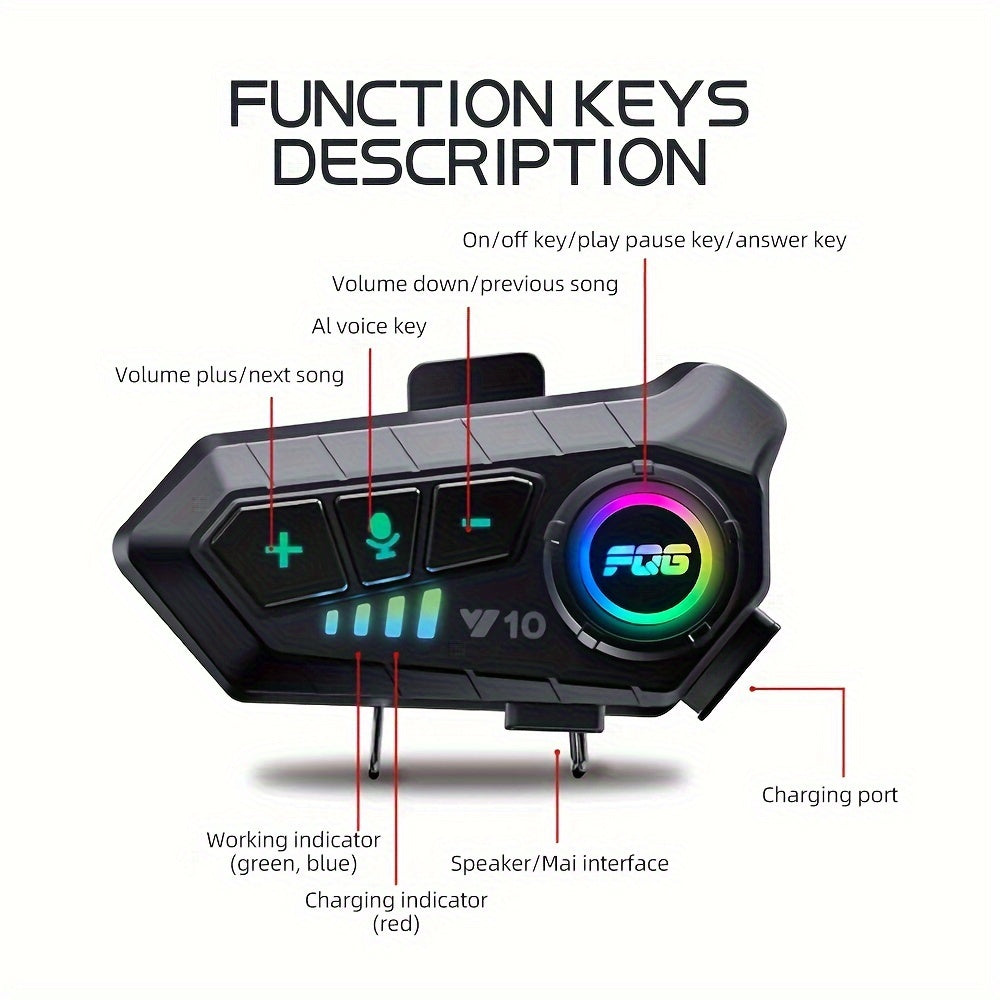 Y10 Motorcycle Helmet Headset with Wireless 5.3, Type-C Jack, Call Control, Plastic, Rechargeable Lithium Polymer Battery, 3.7-5V output, Not Waterproof, Charger not included