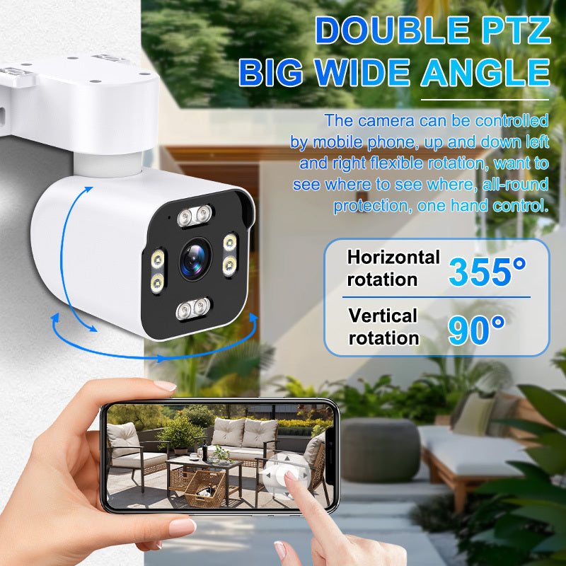 Advanced wireless security camera with intelligent features for night vision, including infrared and white LED lights. Equipped with full-color and infrared night vision capabilities, two-way voice communication, 365-degree horizontal PTZ, humanoid