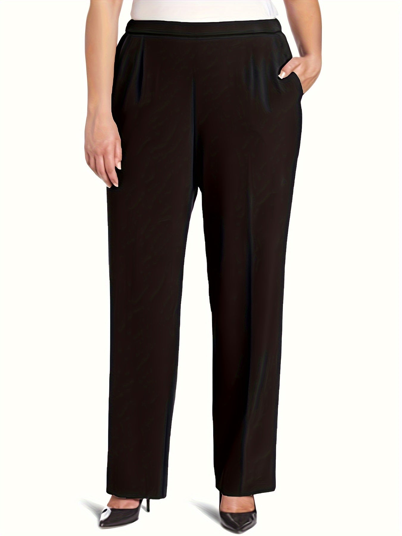 Stylish high-waisted straight-leg pants for plus-size women, made from stretchy polyester with pockets. Ideal for spring and fall.