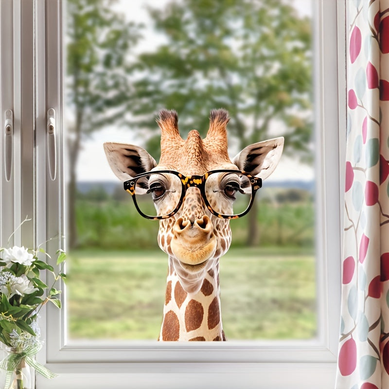 Add a touch of whimsy to your space with this adorable Giraffe Peeking Window Decal featuring Yellow Glasses. This removable, self-adhesive wall sticker is perfect for Bedroom, Living Room, and Office Decor. Made with 1mil thick material, this Artistic