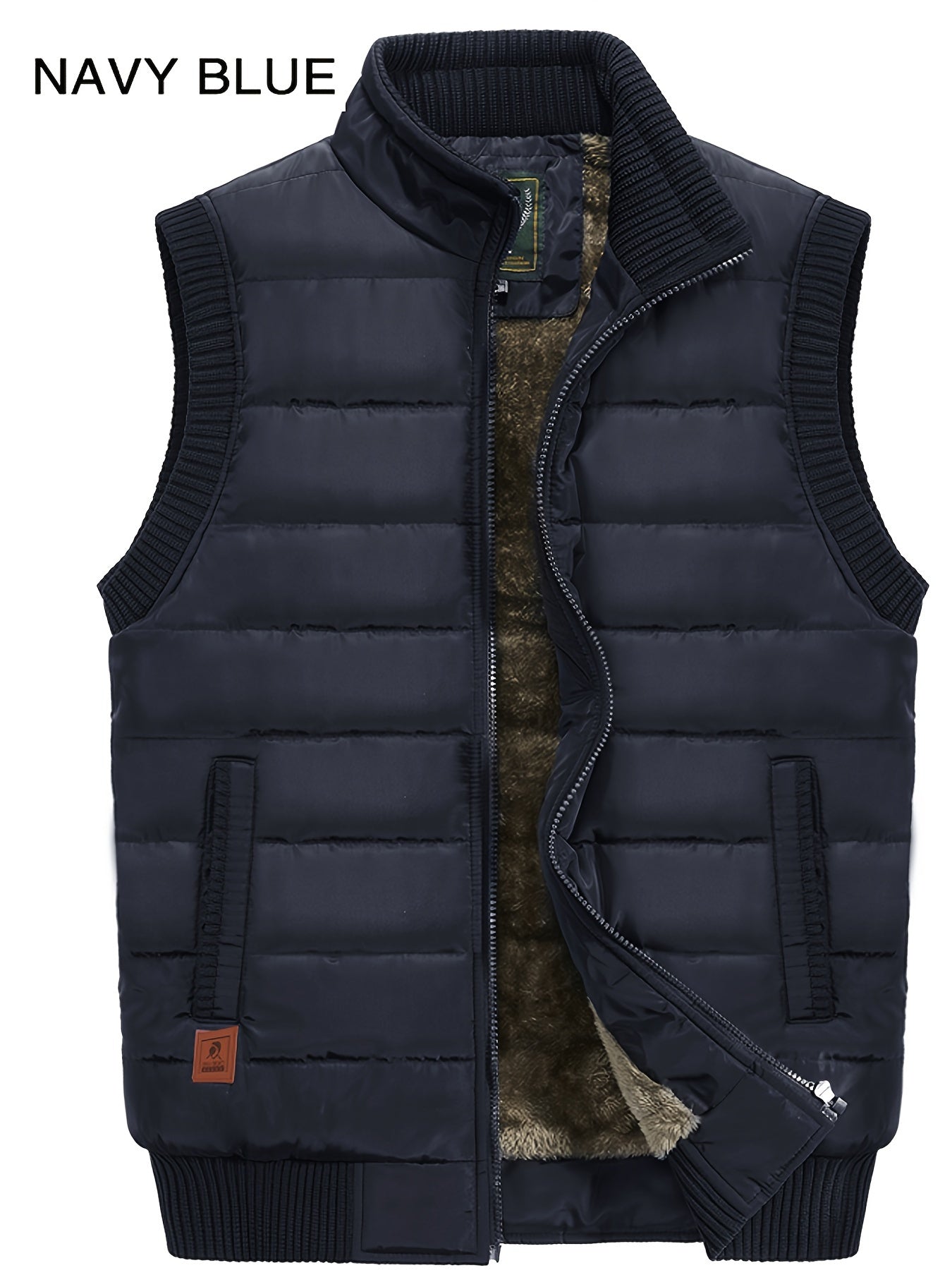 Men's Winter Vest - Olive Green, Zipper, Fleece-Lined, Ribbed Collar & Cuffs