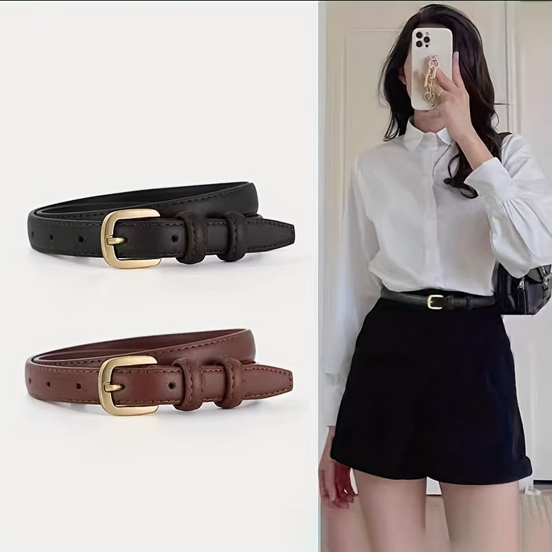 Women's faux leather black belt with pin buckle for jeans, from a luxury brand, chic and stylish waistband for ladies.