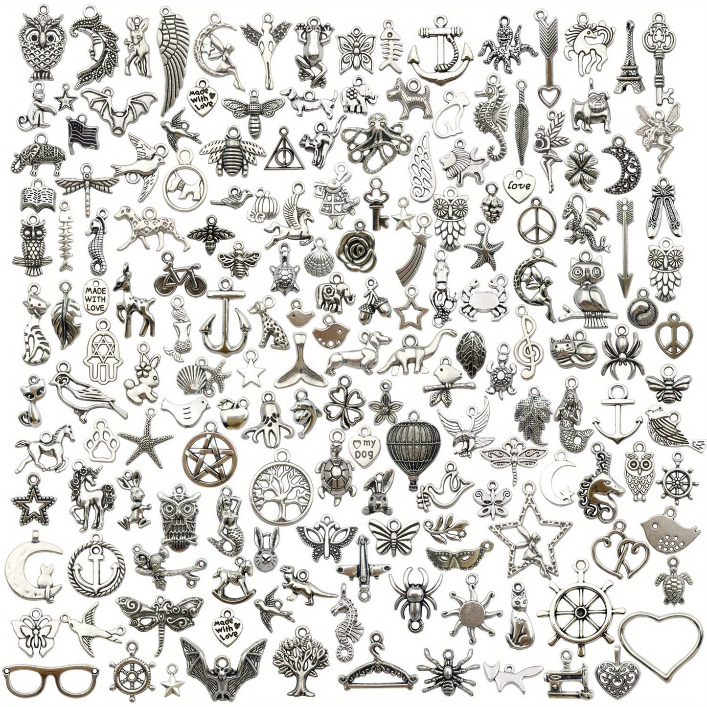 Set of 200 Antique Silver Alloy Charms, Perfect for Creating Necklaces, Bracelets, and Keychain Jewelry