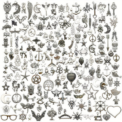 Set of 200 Antique Silver Alloy Charms, Perfect for Creating Necklaces, Bracelets, and Keychain Jewelry