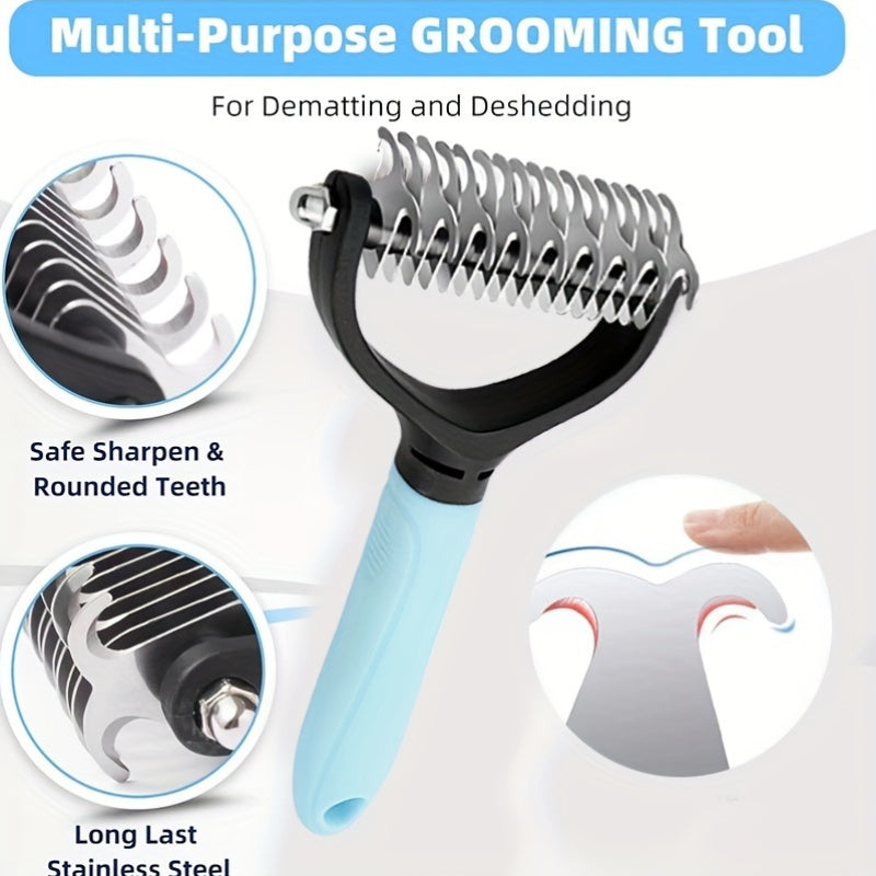 Durable stainless steel pet comb for cats and dogs, removes mats and tangles efficiently.