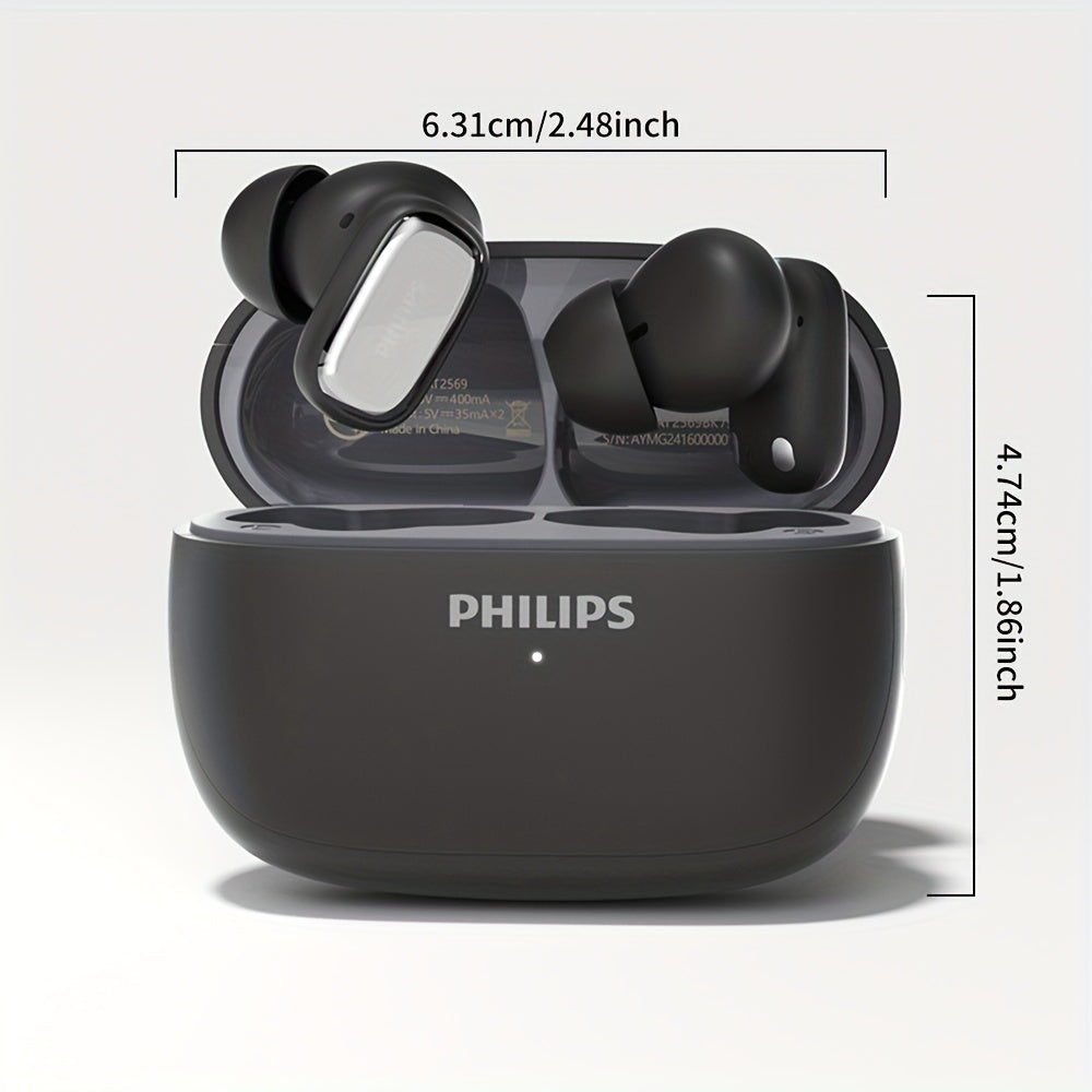 New Philips BT Earphones with Wireless Charging Case, 24-hour Playtime, Mic, Touch Control, TAT2569, for Gaming, Running, Cycling.