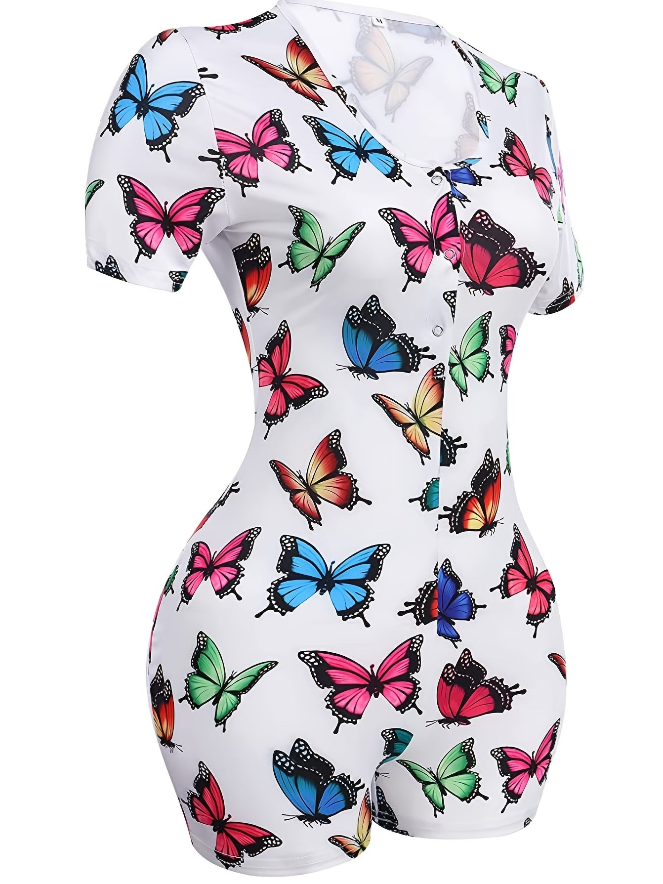 Butterfly Print Lounge Bodysuit, Crew Neck Romper for Women loungewear