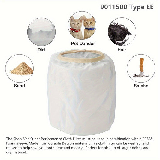 Get 2 high-quality Super Performance Cloth Dust Filter Bags designed for Shop-Vac vacuums - specifically Type EE and fits models that are 18.93 L and larger. Made from durable Dacron material, these bags not only enhance suction power but also provide