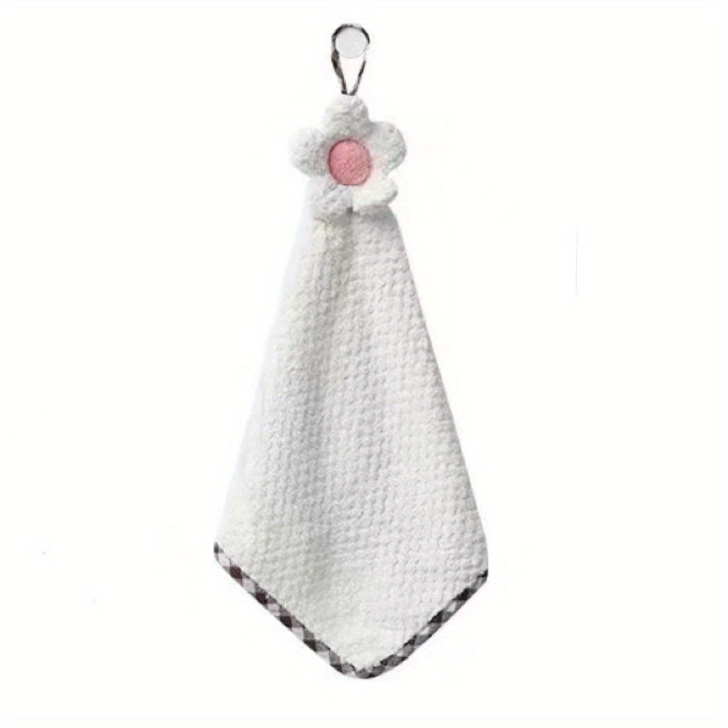 Decorative crochet flower hand towel made of absorbent microfiber with hanging loop. Perfect for kitchen or bathroom use in pink, mint green, white, or brown.