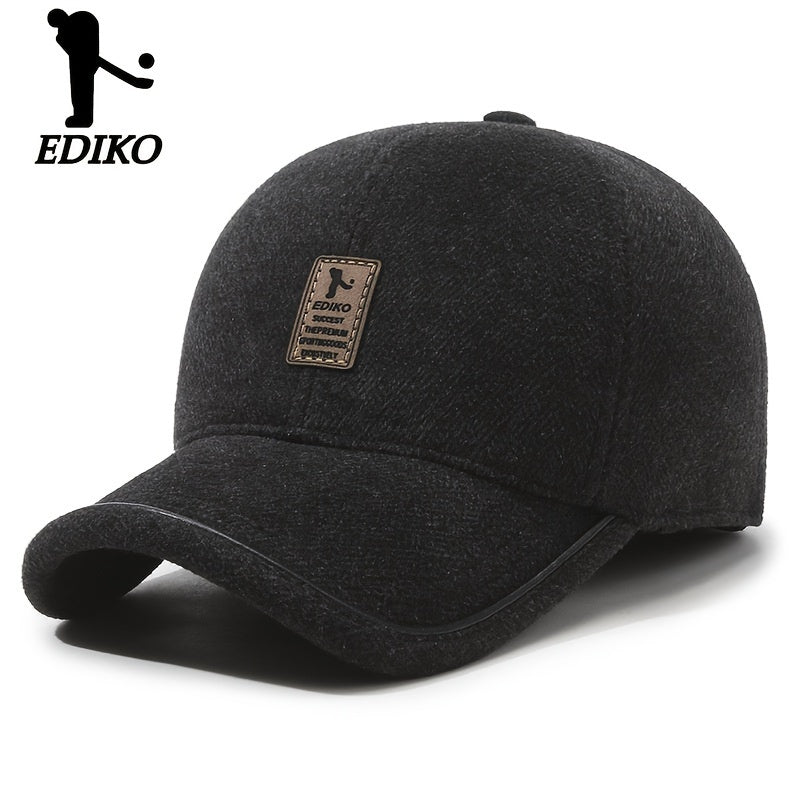 Winter baseball cap for men with ear flaps, fleece-lined and windproof for outdoor activities.