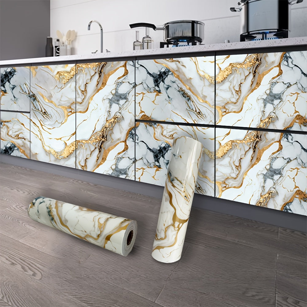 1 roll of waterproof and oil resistant marble patterned aluminum film self-adhesive wallpaper for decorating walls in living rooms, kitchens, and bathrooms.