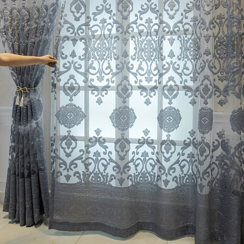 Enhance your home decor with this elegant Jacquard embroidered window sheer curtain, perfect for the living room, bedroom, or balcony. Add a soft and stylish touch to any space with this beautiful window treatment.