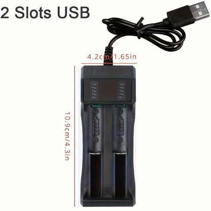 USB powered dual 18650 battery charger for 4.2V rechargeable lithium batteries, with 1/2 slot and portability.