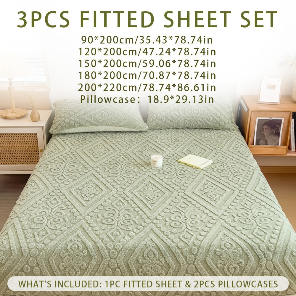 Yeldreams Space-Themed Embossed Taffeta Bedding Set includes 1 fitted sheet and 2 pillowcases, made of 100% polyester. It is all-season warmth, soft, skin-friendly, fade resistant, and