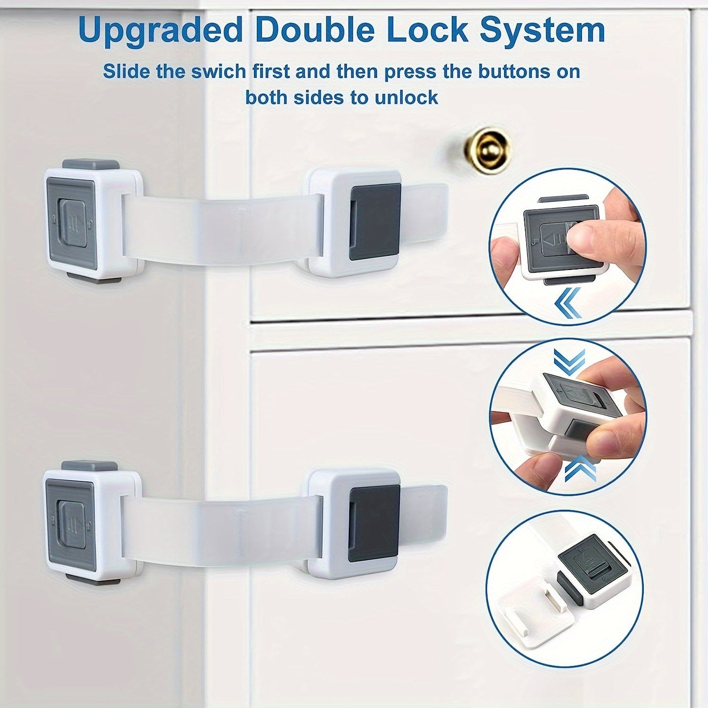 Multifunctional Safety Locks for Children, available in 1 piece, 2 pieces, 5 pieces, or 10 pieces. These locks are designed to prevent pinching and can be adjusted for use on cabinets and drawers. Made from Phthalate-Free Acrylonitrile Butadiene Styrene