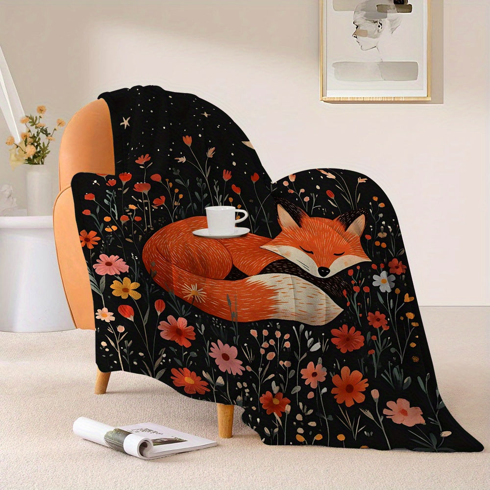 CozyLife Contemporary Style Flannel Fleece Throw Blanket with Fox & Floral Print, All-Season Warmth, Softness, and Hypoallergenic Bedding. Perfect for Couches, Machine Washable, and an Ideal Gift for Family and Friends.