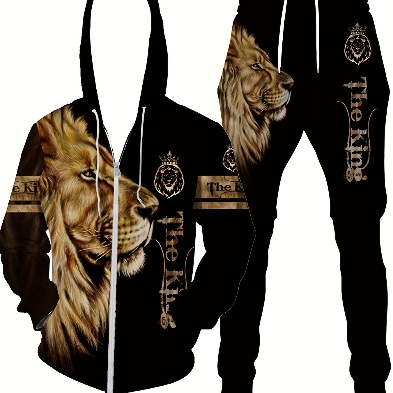 Men's Lion King Zip-Up Hoodie and Jogger Set - Casual Loungewear with Lion Design, Machine Washable