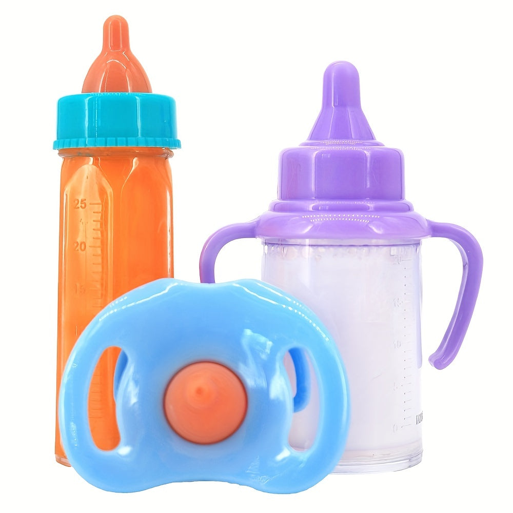 Set of baby doll feeding bottles, including 8.48 cm milk bottles and 9.5 cm juice bottles, comes with a toy pacifier. Perfect baby doll accessories for kids' gift.