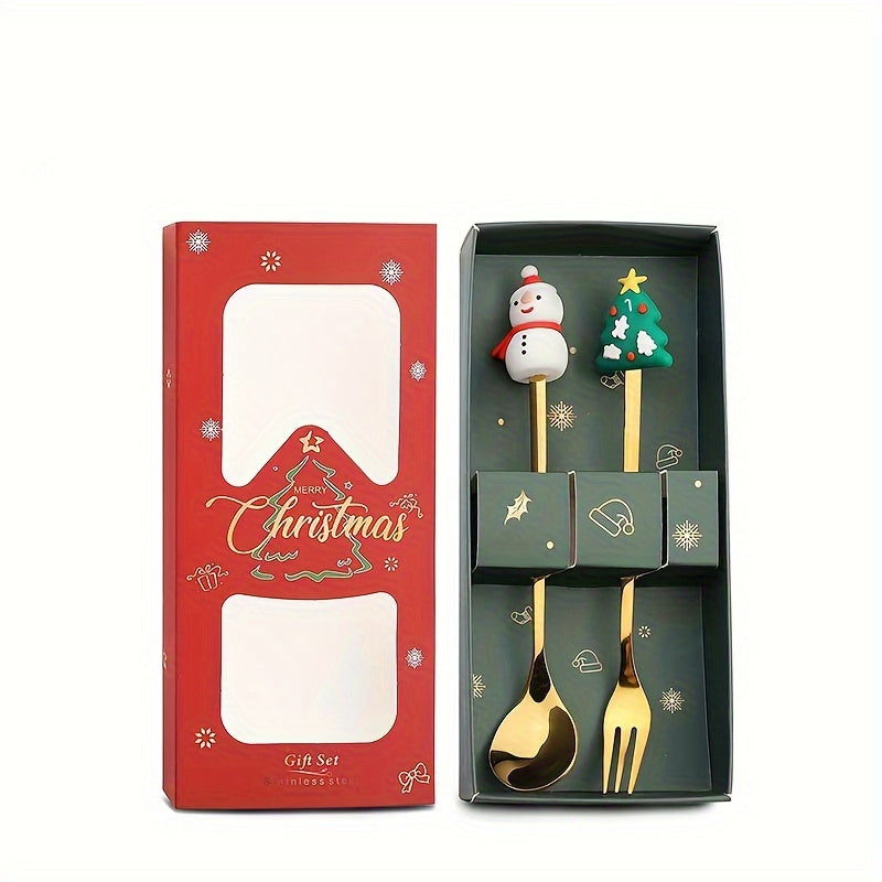 Christmas-themed stainless steel flatware set in festive gift box with decorative handles, perfect for holiday dinners.