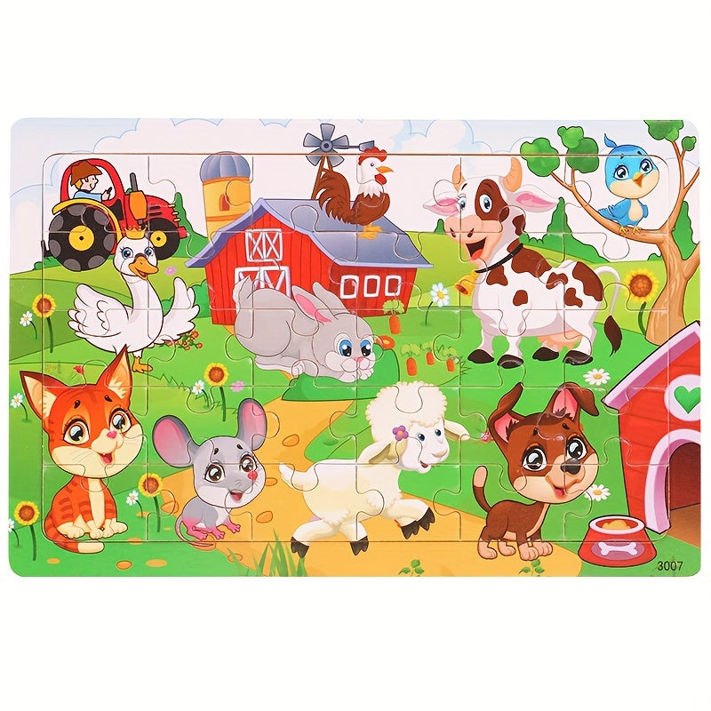 30-piece wooden puzzles featuring animals, dinosaurs, and cartoons for children to enhance their hands-on skills and kindergarten education.