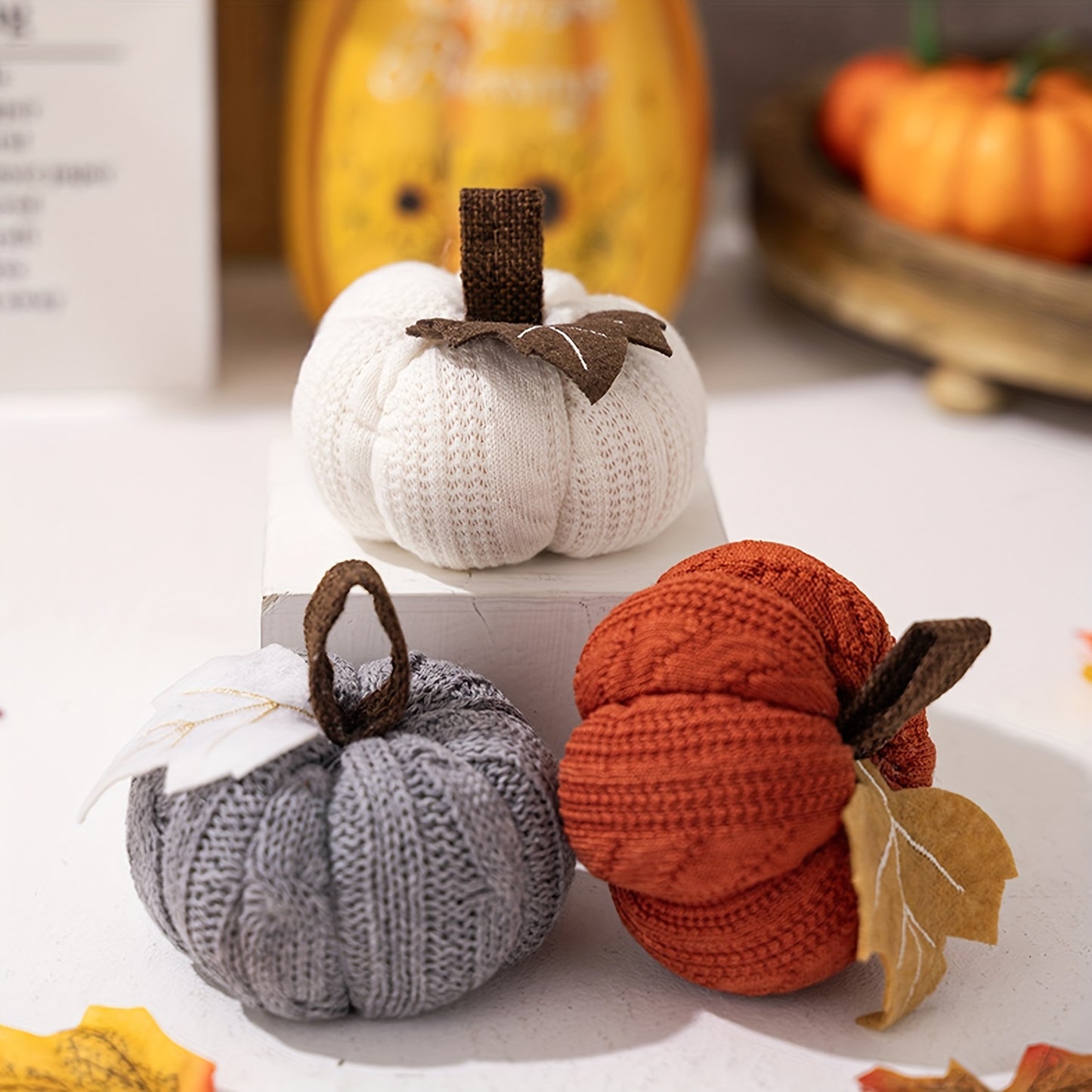 3-piece knitted fabric pumpkins set for tabletop decor, perfect for fall and Thanksgiving