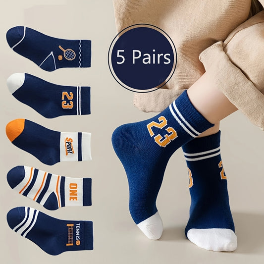 5 pairs of boys' graphic fashion, sports, and warm socks for autumn/winter