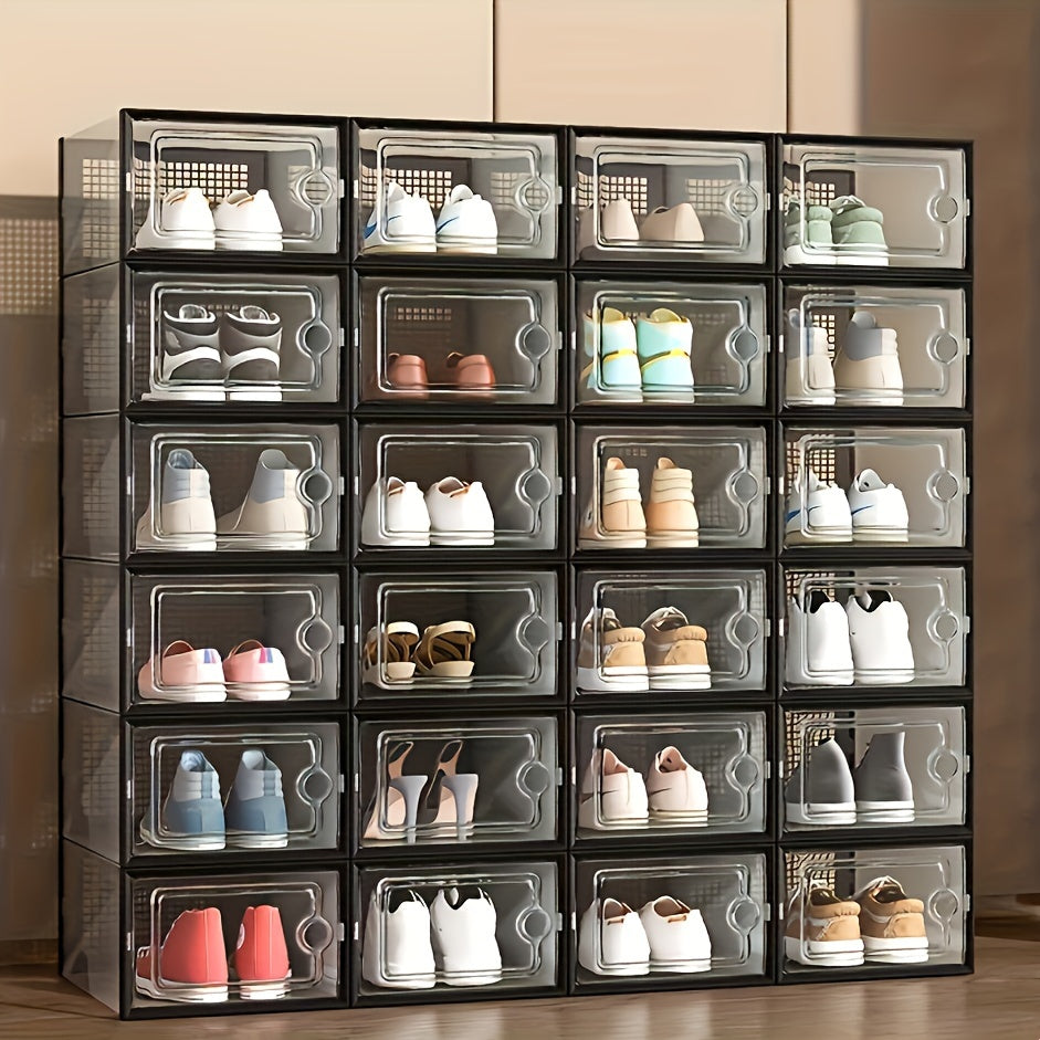 12/6 pieces of black transparent XL plastic shoe storage boxes with lids. These square shoe organizer cabinets are waterproof, multi-purpose, and have a flip-top lid design. Perfect for home and kitchen storage drawers.